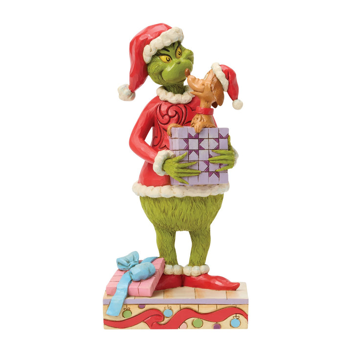 The Grinch Holding Gift with Max Popping Out Figurine