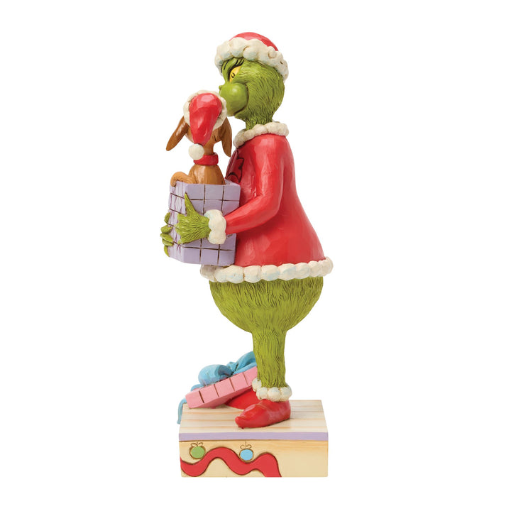 The Grinch Holding Gift with Max Popping Out Figurine