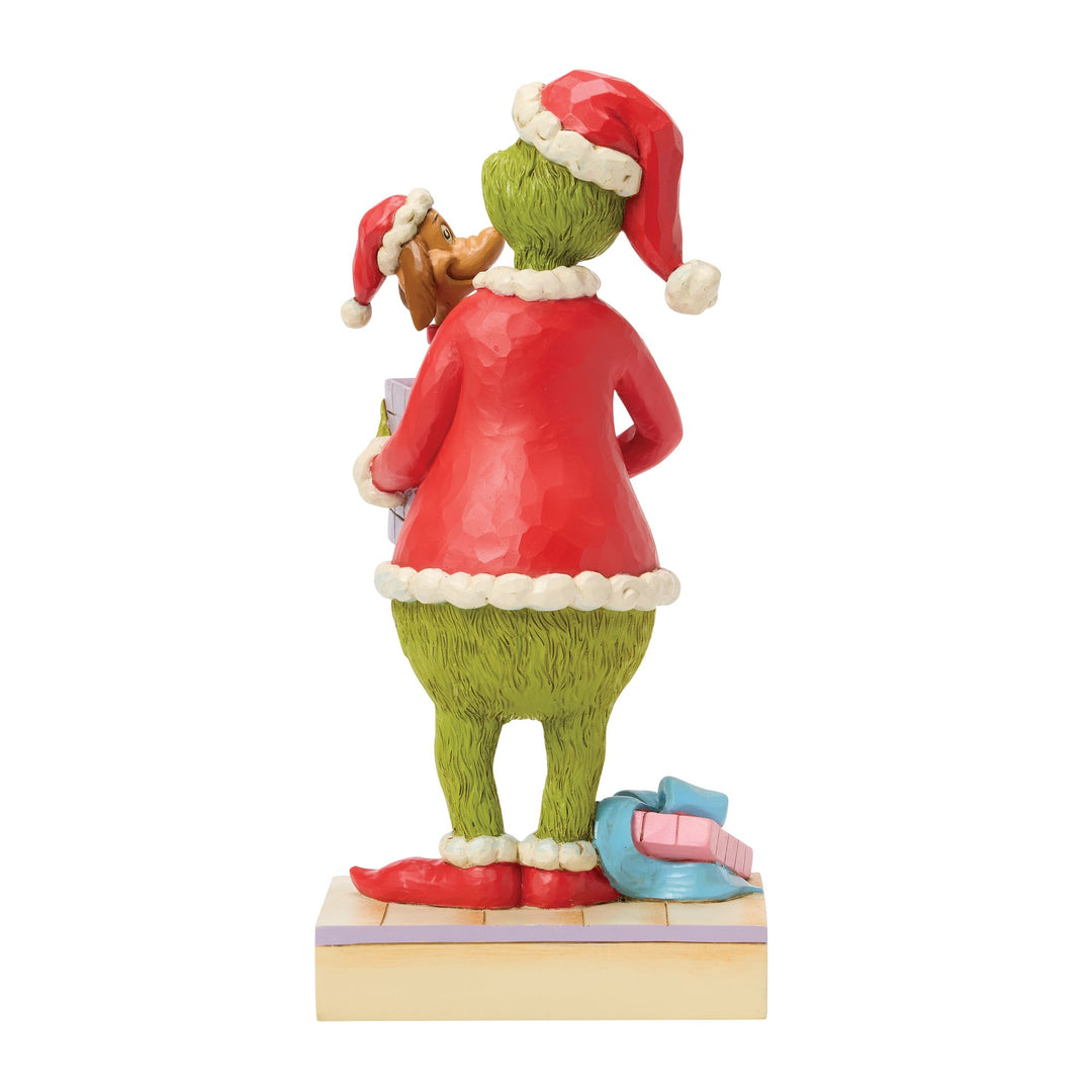 The Grinch Holding Gift with Max Popping Out Figurine