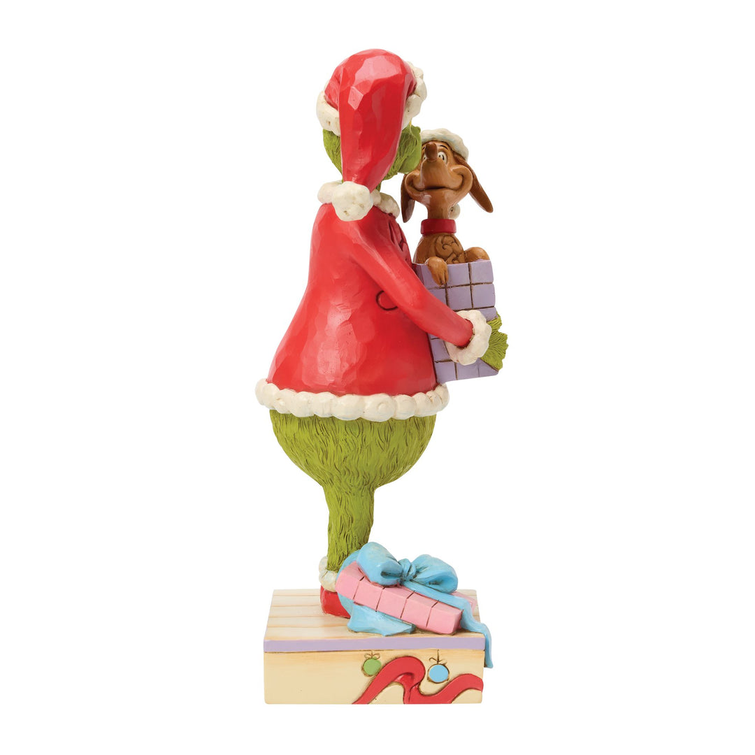 The Grinch Holding Gift with Max Popping Out Figurine