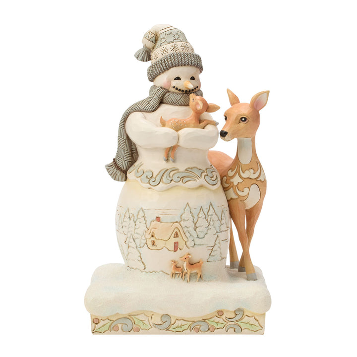 White Woodland Snowman Holding Fawn Figurine - "Winter Blessing"