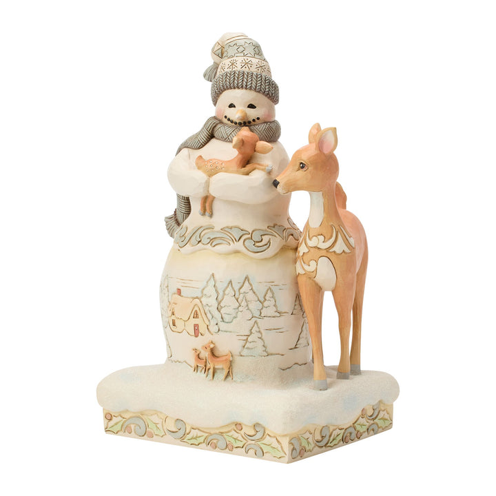 White Woodland Snowman Holding Fawn Figurine - "Winter Blessing"