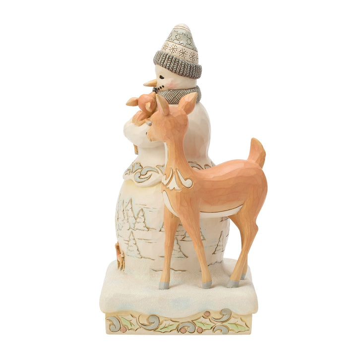 White Woodland Snowman Holding Fawn Figurine - "Winter Blessing"