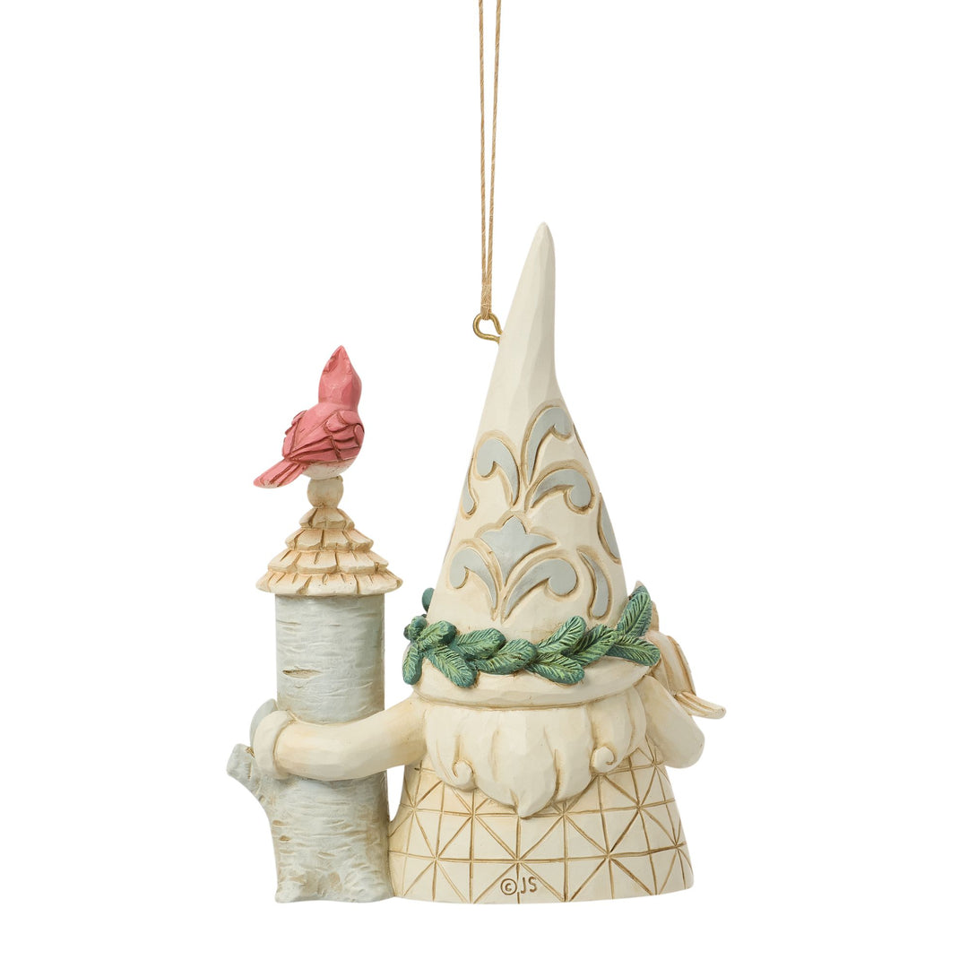 White Woodland Gnome with Birdhouse Hanging Ornament